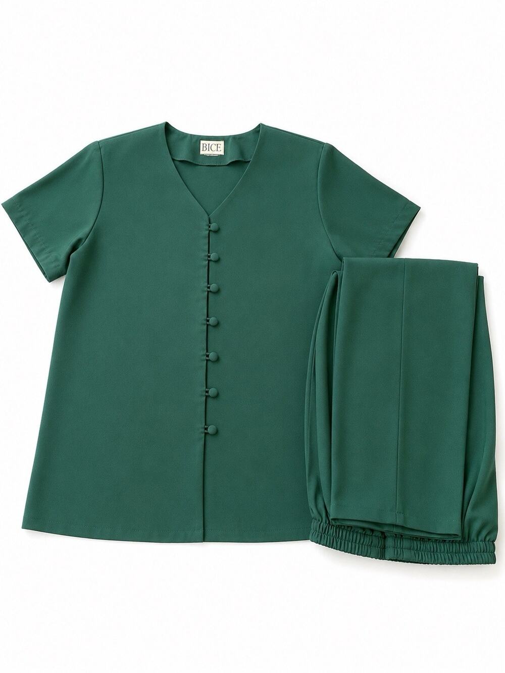 BICE Women’s 2 Piece Pant Set Green Button Front Blouse & Elastic Waist Pants L